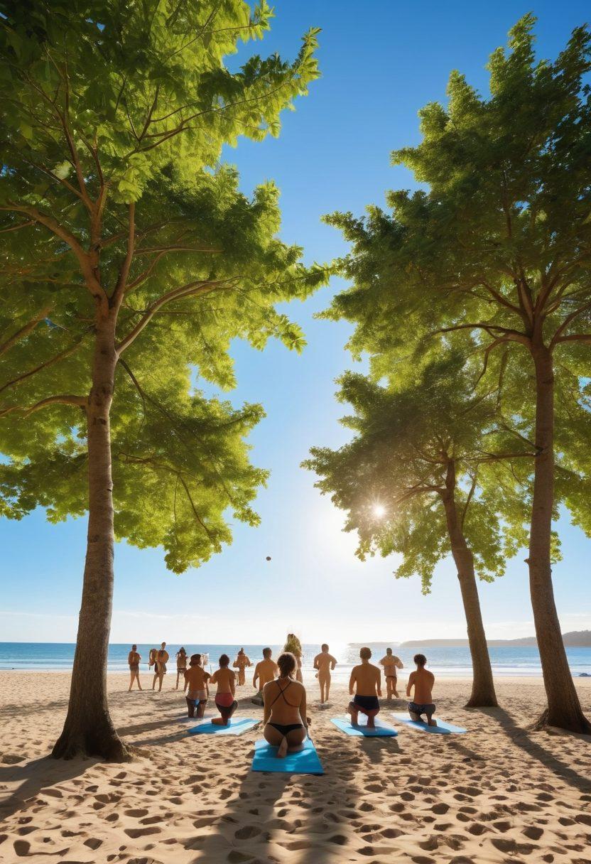 A serene naturist beach scene with diverse groups of people of various ages engaged in joyful activities like playing beach volleyball and yoga, all celebrating body positivity and self-acceptance. Include lush green trees and a bright blue sky to convey a peaceful and inviting atmosphere. Capture the essence of community and inclusivity. super-realistic. vibrant colors. light and airy feel.